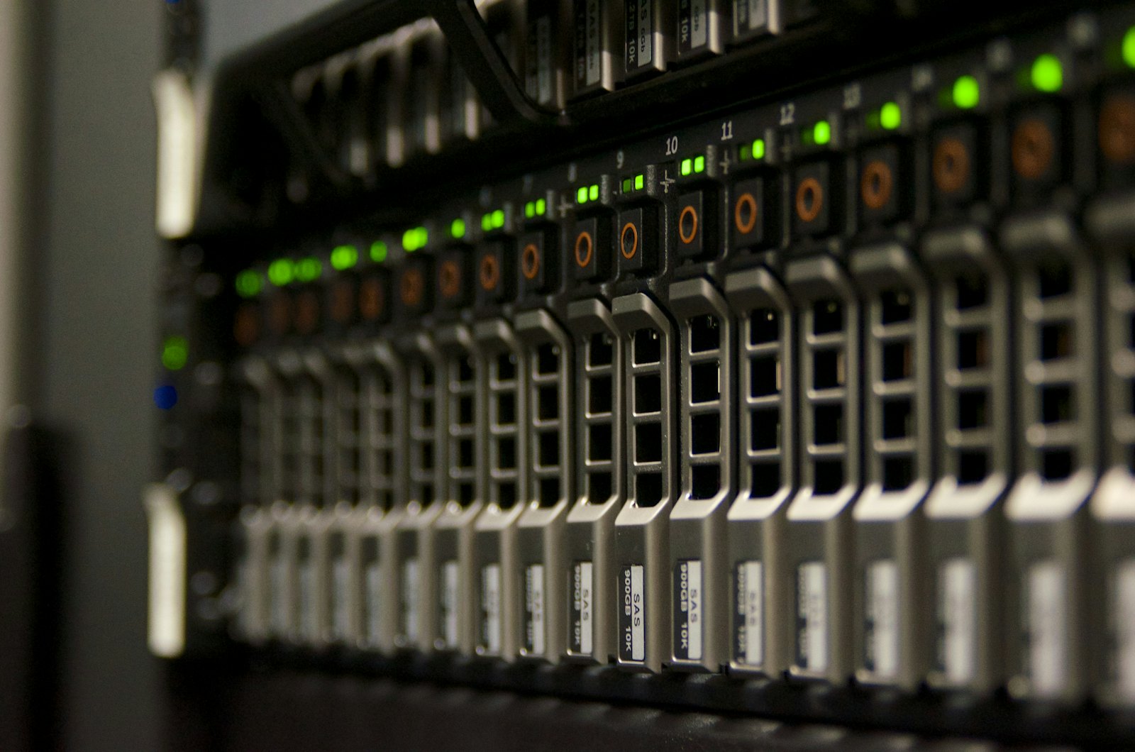 Close view of server drive bays with status lights